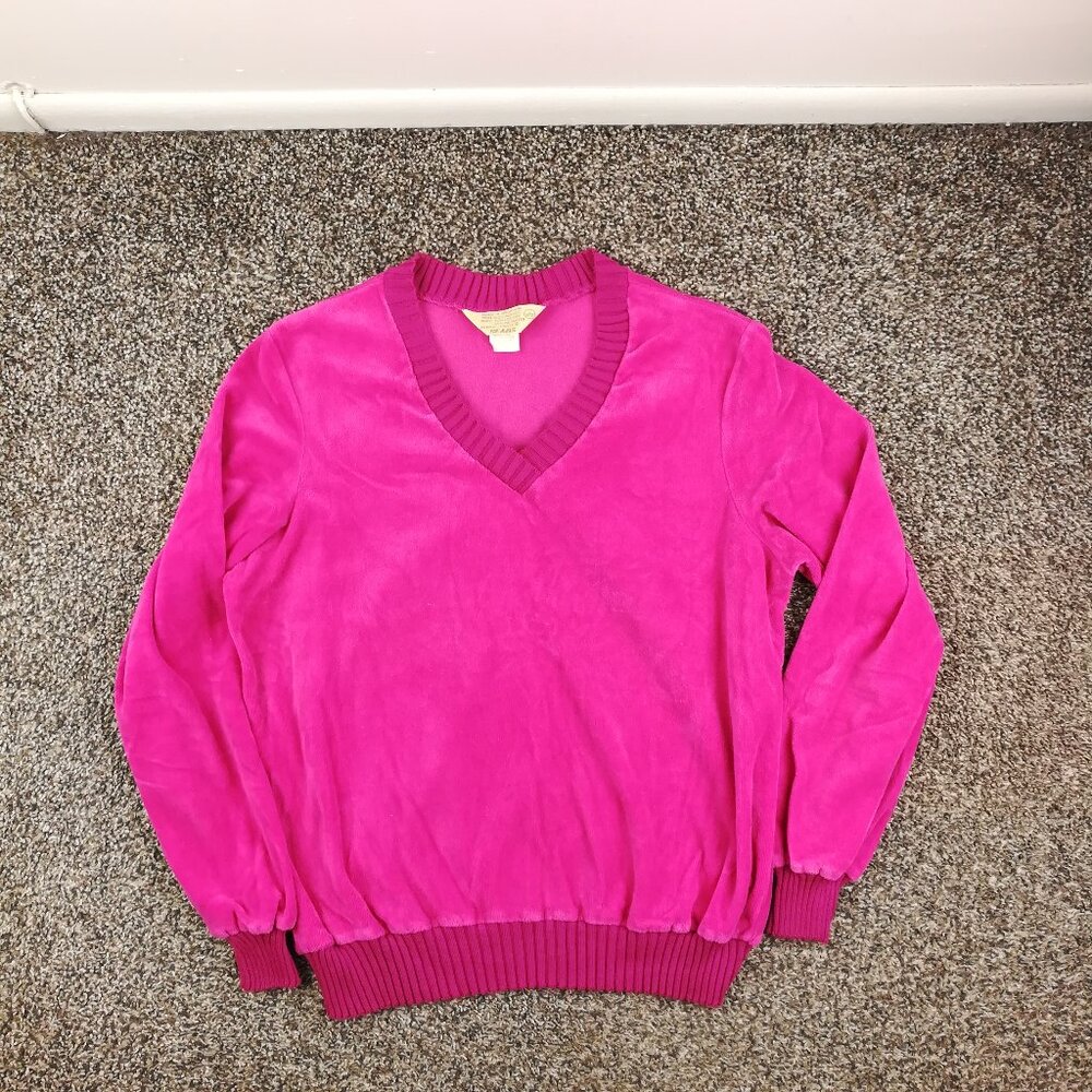 Vintage 1970s Sears Sweater Sweatshirt Velour V Neck Pullover Pink Womens Large